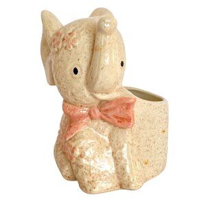 Cream Elephant Ceramic Planter Pink Bow Tie Flower Details Home Decor Vintage